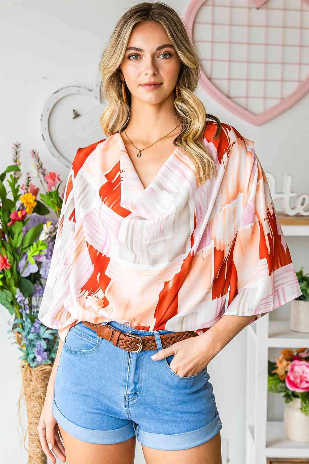 Printed Cowl Neck Half Sleeve Blouse Multicolor Blouses - Tophatter Daily Deals