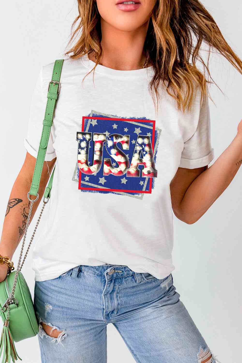 USA Graphic Round Neck Tee Shirt Women's T-Shirts - Tophatter Daily Deals