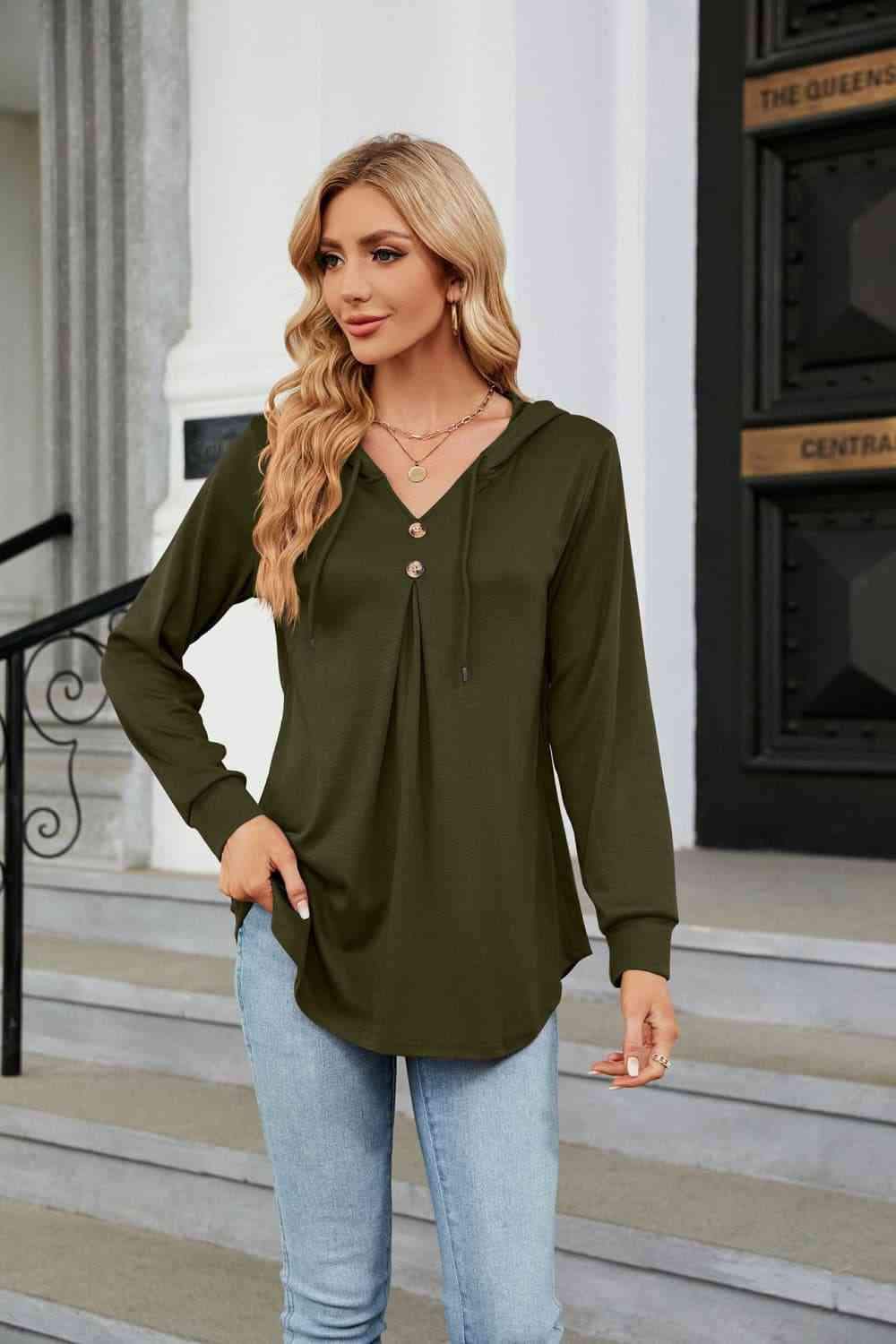 Long Sleeve Hooded Blouse Army Green Blouses - Tophatter Daily Deals