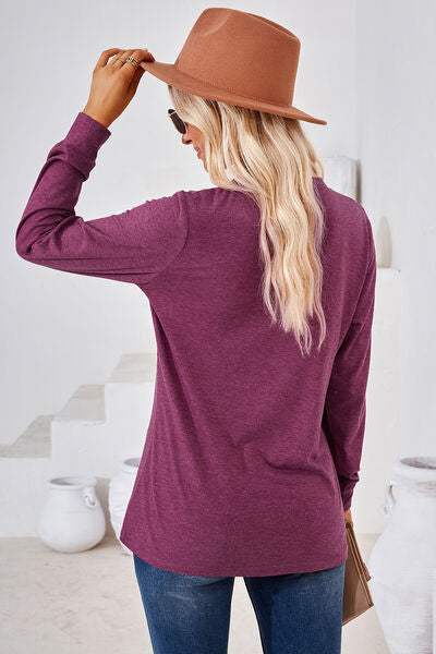 Notched Button Detail Long Sleeve T-Shirt Women's T-Shirts - Tophatter Daily Deals