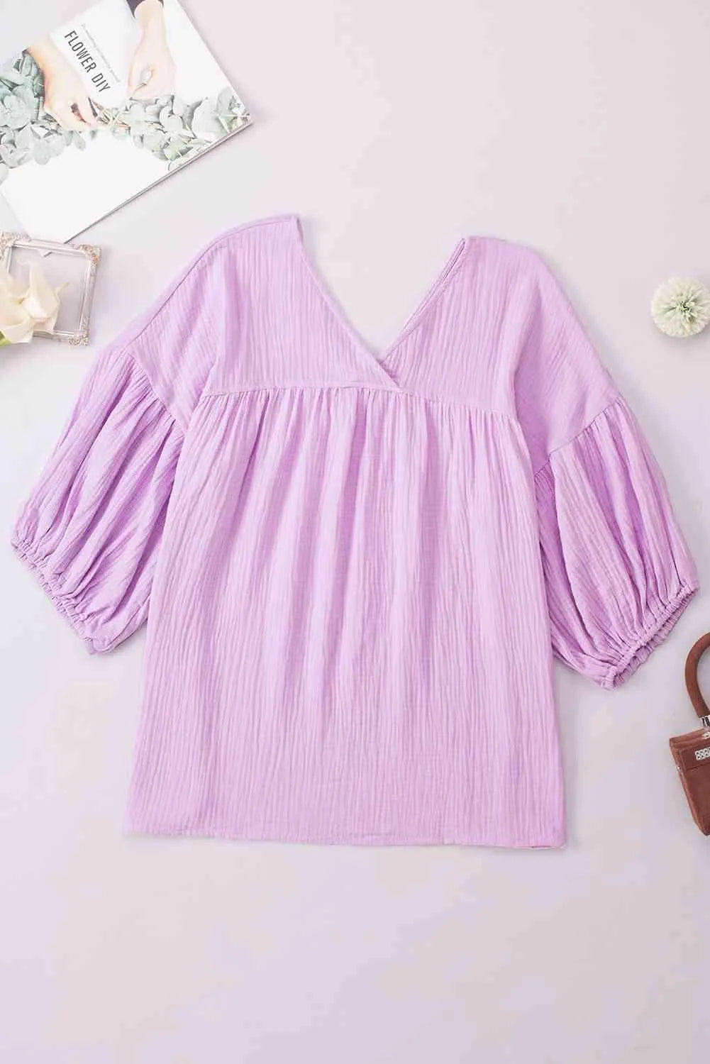 Dropped Shoulder V-Neck Blouse Heliotrope Purple Blouses - Tophatter Daily Deals