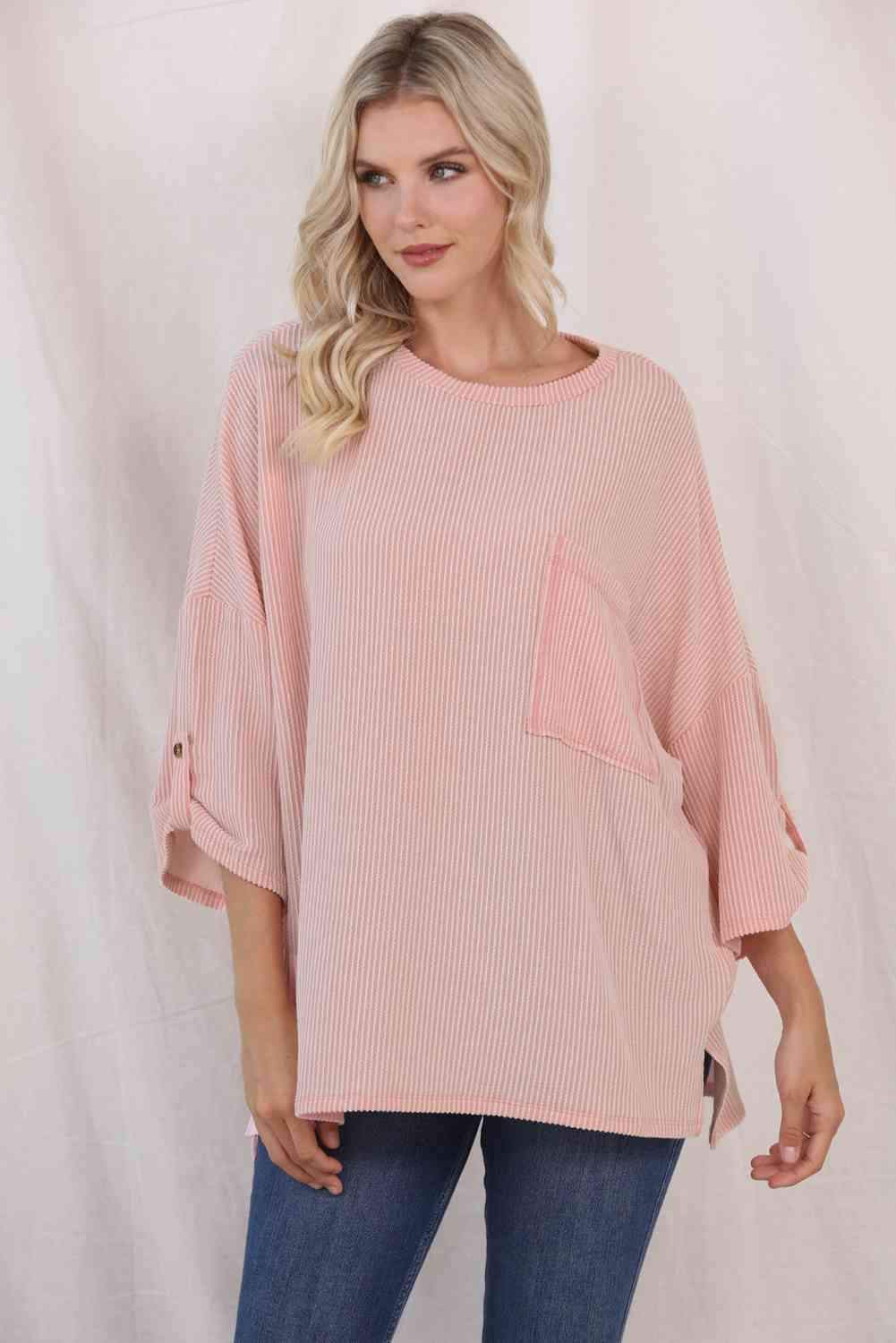 Round Neck Slit Roll-Tab Sleeve Oversize Top Blush Pink Women's T-Shirts - Tophatter Daily Deals