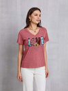 Letter Graphic V-Neck Short Sleeve T-Shirt Dusty Pink Women's T-Shirts - Tophatter Daily Deals