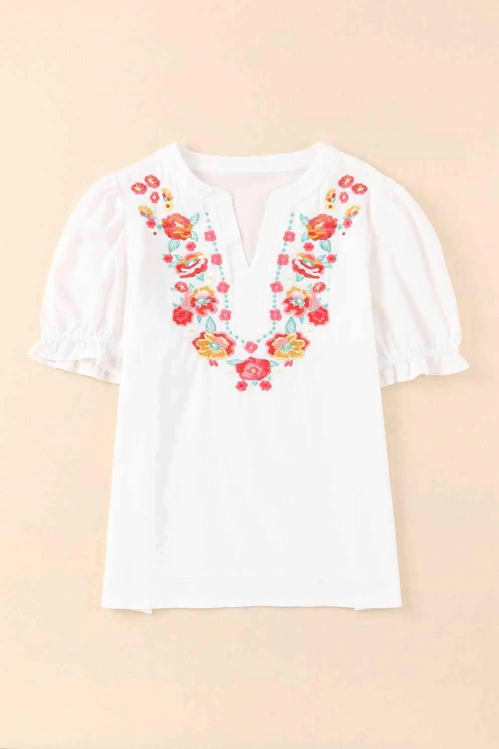 Embroidered Notched Neck Flounce Sleeve Top Blouses - Tophatter Daily Deals