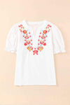 Embroidered Notched Neck Flounce Sleeve Top Blouses - Tophatter Daily Deals