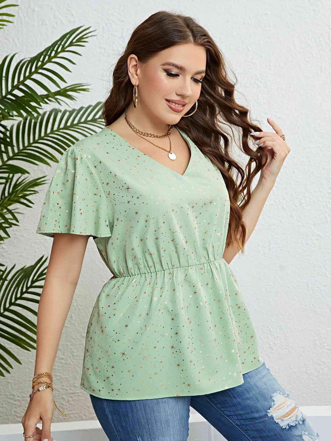 Star V-Neck Puff Sleeve Peplum Top Blouses - Tophatter Daily Deals