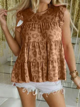 Ruffled Leopard Round Neck Tiered T-Shirt Women's T-Shirts - Tophatter Daily Deals