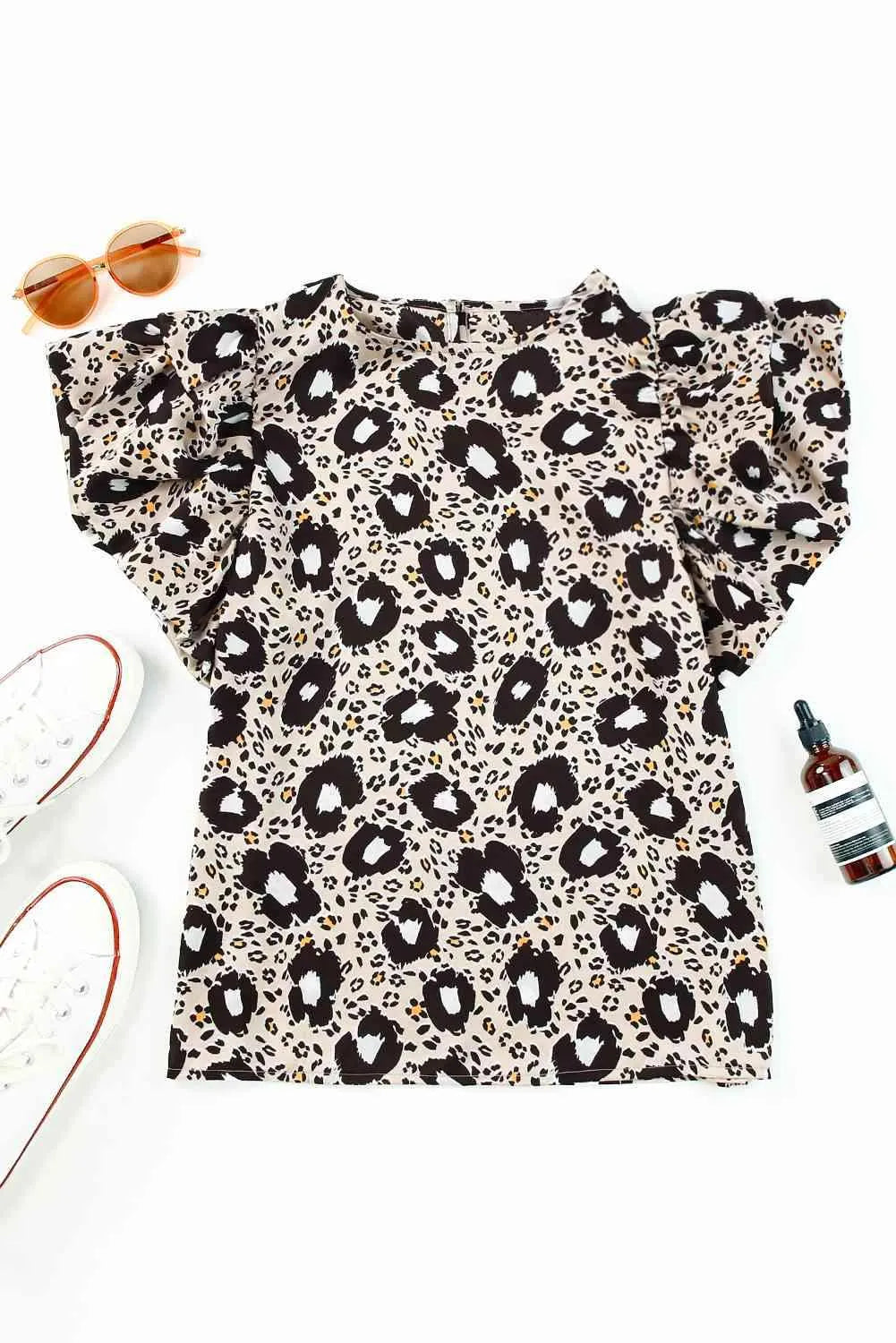 Animal Print Puff Sleeve Round Neck Blouse Blouses - Tophatter Daily Deals