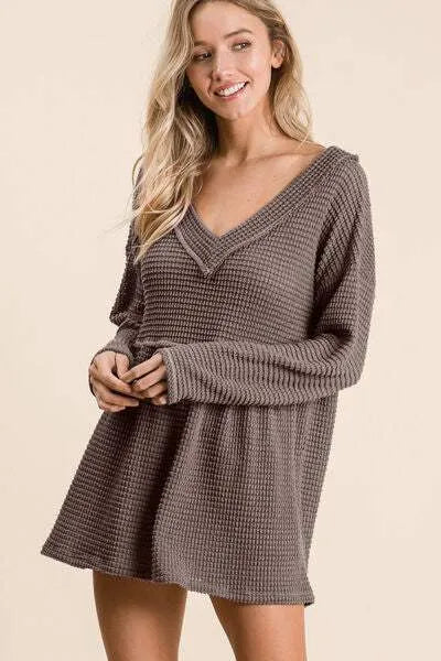 BiBi Waffle Knit V-Neck Babydoll Blouse Blouses - Tophatter Daily Deals