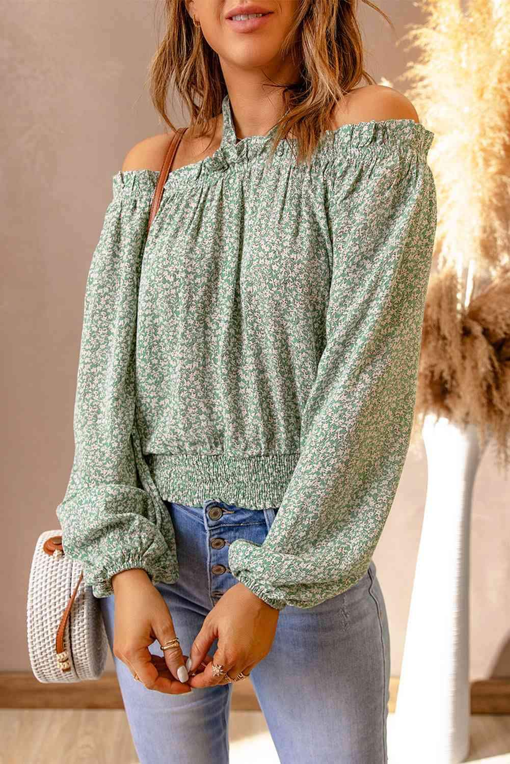 Ditsy Floral Halter Neck Frill Trim Blouse Blouses - Tophatter Daily Deals