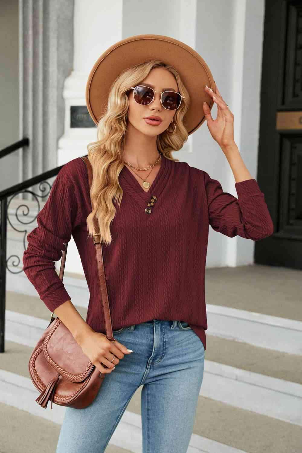 Decorative Button V-Neck Long Sleeve T-Shirt Wine Women's T-Shirts - Tophatter Daily Deals