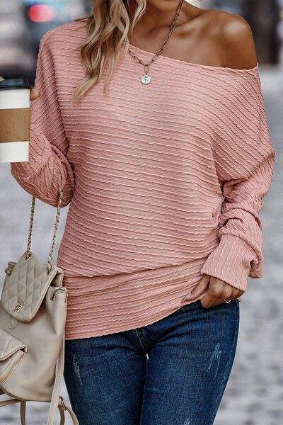 Texture Round Neck Long Sleeve Top Blouses - Tophatter Daily Deals