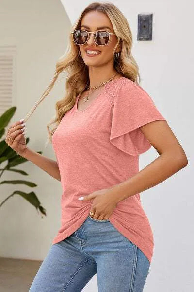 Smocked Round Neck Flutter Sleeve T-Shirt Women's T-Shirts - Tophatter Daily Deals