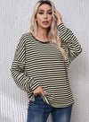 Striped Round Neck Dropped Shoulder T-Shirt Black Women's T-Shirts - Tophatter Daily Deals