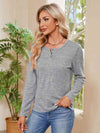 Buttoned Round Neck Long Sleeve T-Shirt Women's T-Shirts - Tophatter Daily Deals