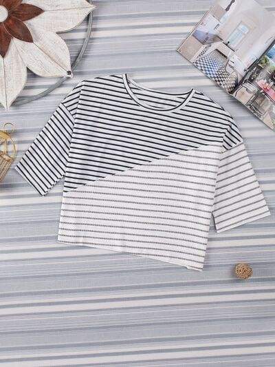 Striped Round Neck Dropped Shoulder T-Shirt Women's T-Shirts - Tophatter Daily Deals