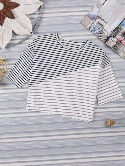 Striped Round Neck Dropped Shoulder T-Shirt Women's T-Shirts - Tophatter Daily Deals
