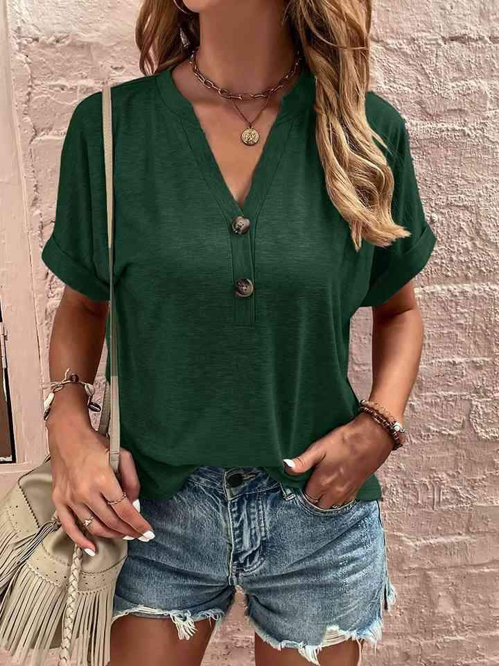 Notched Neck Short Sleeve Blouse Blouses - Tophatter Daily Deals