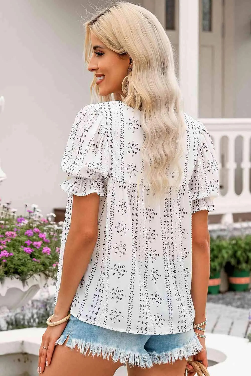 Embroidered Round Neck Flounce Sleeve Blouse Blouses - Tophatter Daily Deals
