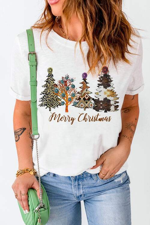 Christmas Tree Graphic Short Sleeve T-Shirt White Women's T-Shirts - Tophatter Daily Deals