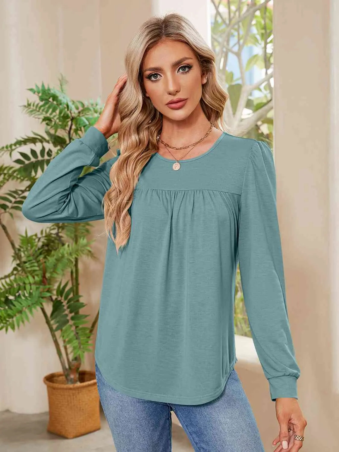 Ruched Round Neck Long Sleeve Blouse Air Force Blue Blouses - Tophatter Daily Deals