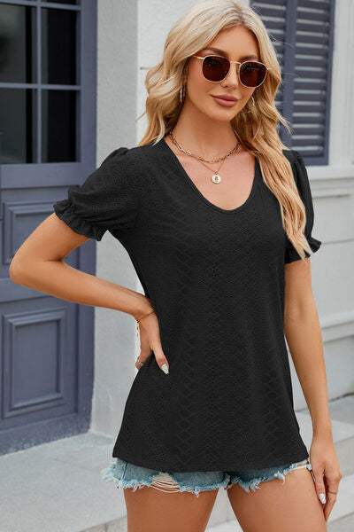 Eyelet Round Neck Flounce Sleeve T-Shirt Women's T-Shirts - Tophatter Daily Deals