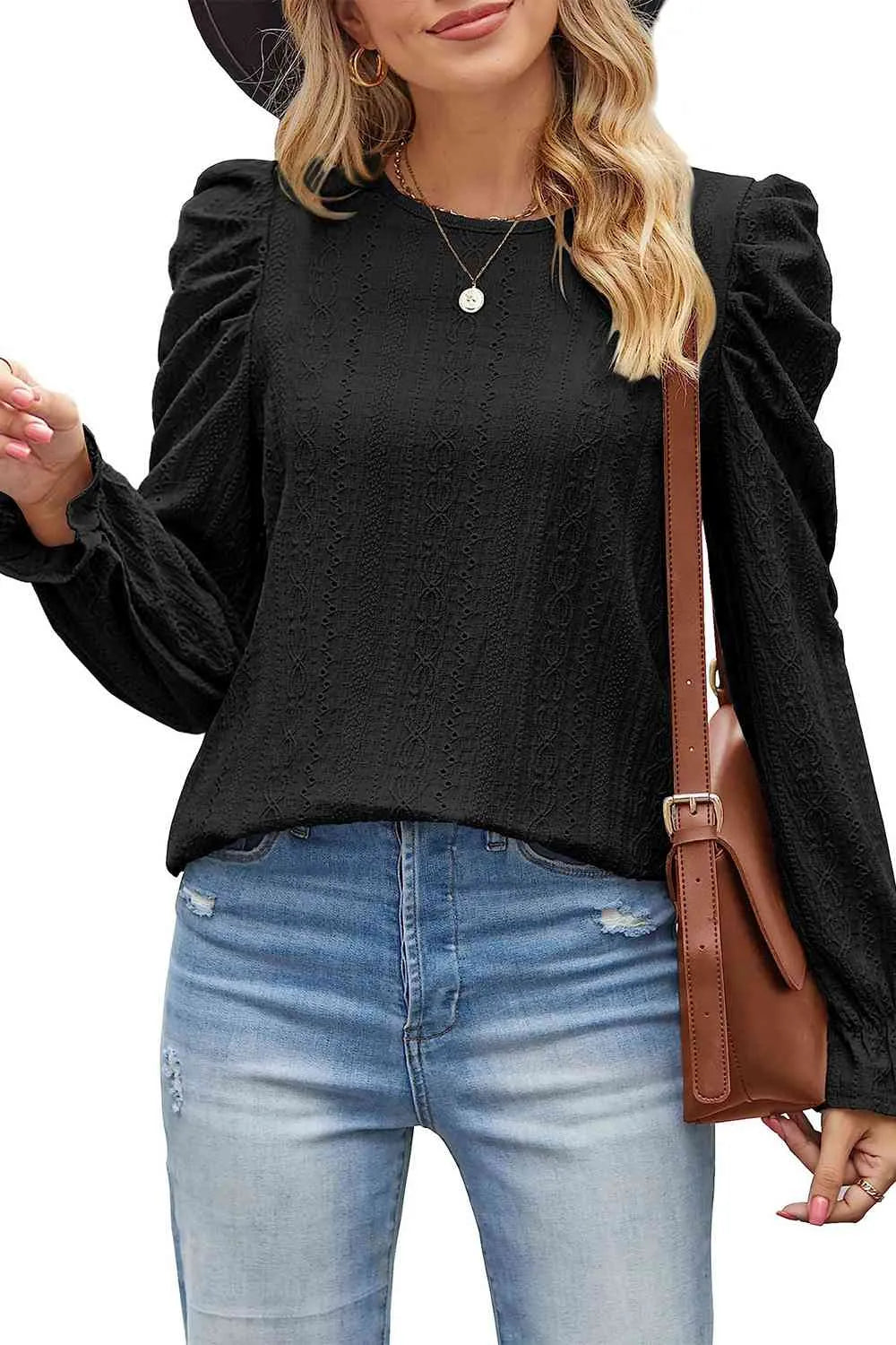 Round Neck Puff Sleeve Blouse Blouses - Tophatter Daily Deals