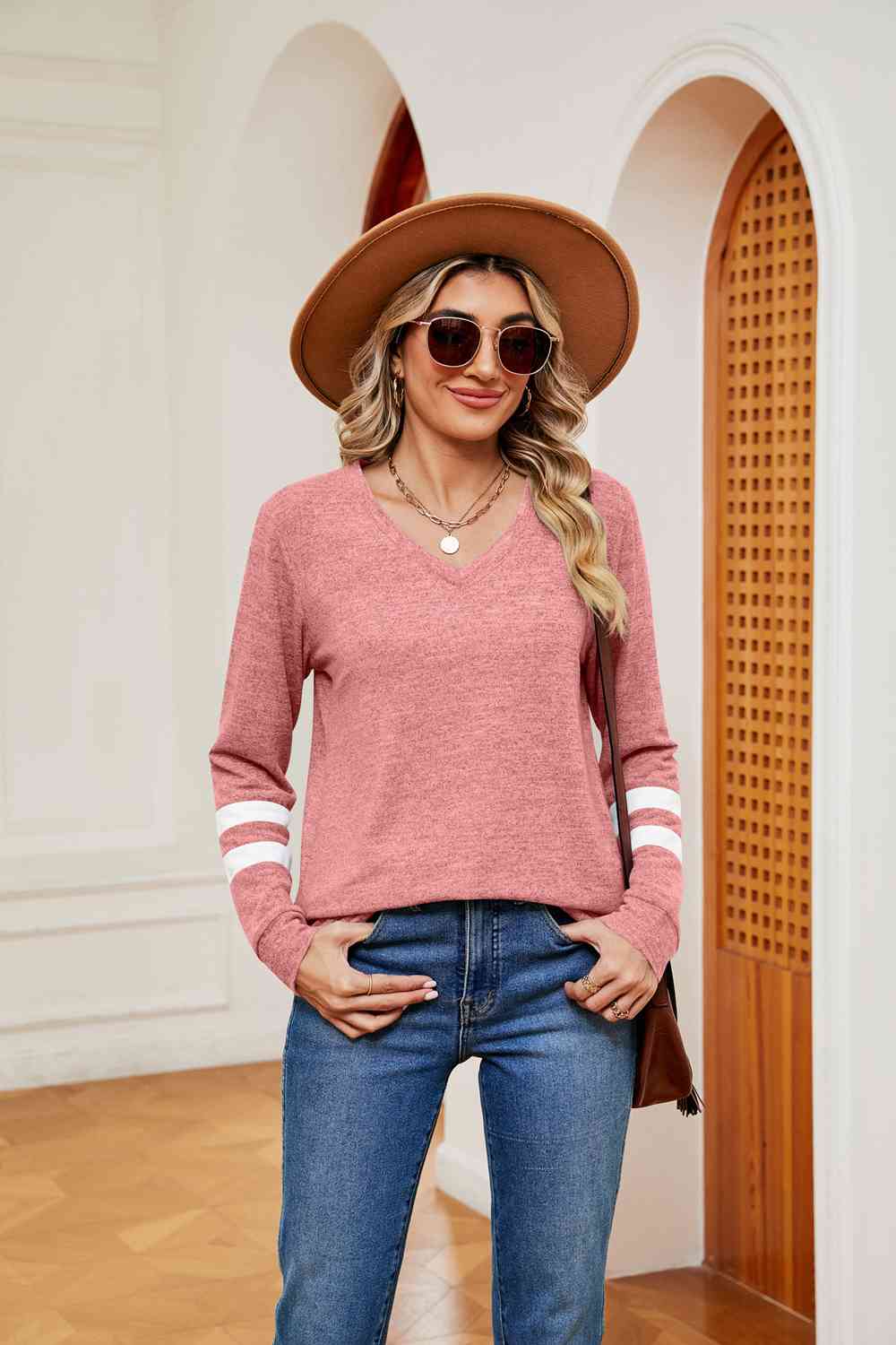 V-Neck Long Sleeve T-Shirt Dusty Pink Women's T-Shirts - Tophatter Daily Deals