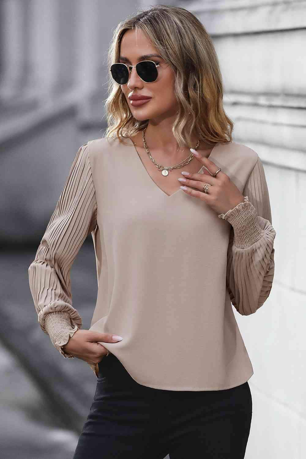 Pleated Lantern Sleeve V-Neck Blouse Blouses - Tophatter Daily Deals