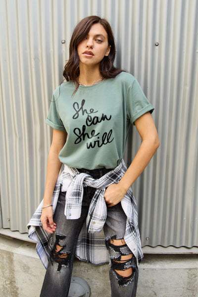 Simply Love Full Size SHE CAN SHE WILL Short Sleeve T-Shirt Sage Women's T-Shirts - Tophatter Daily Deals