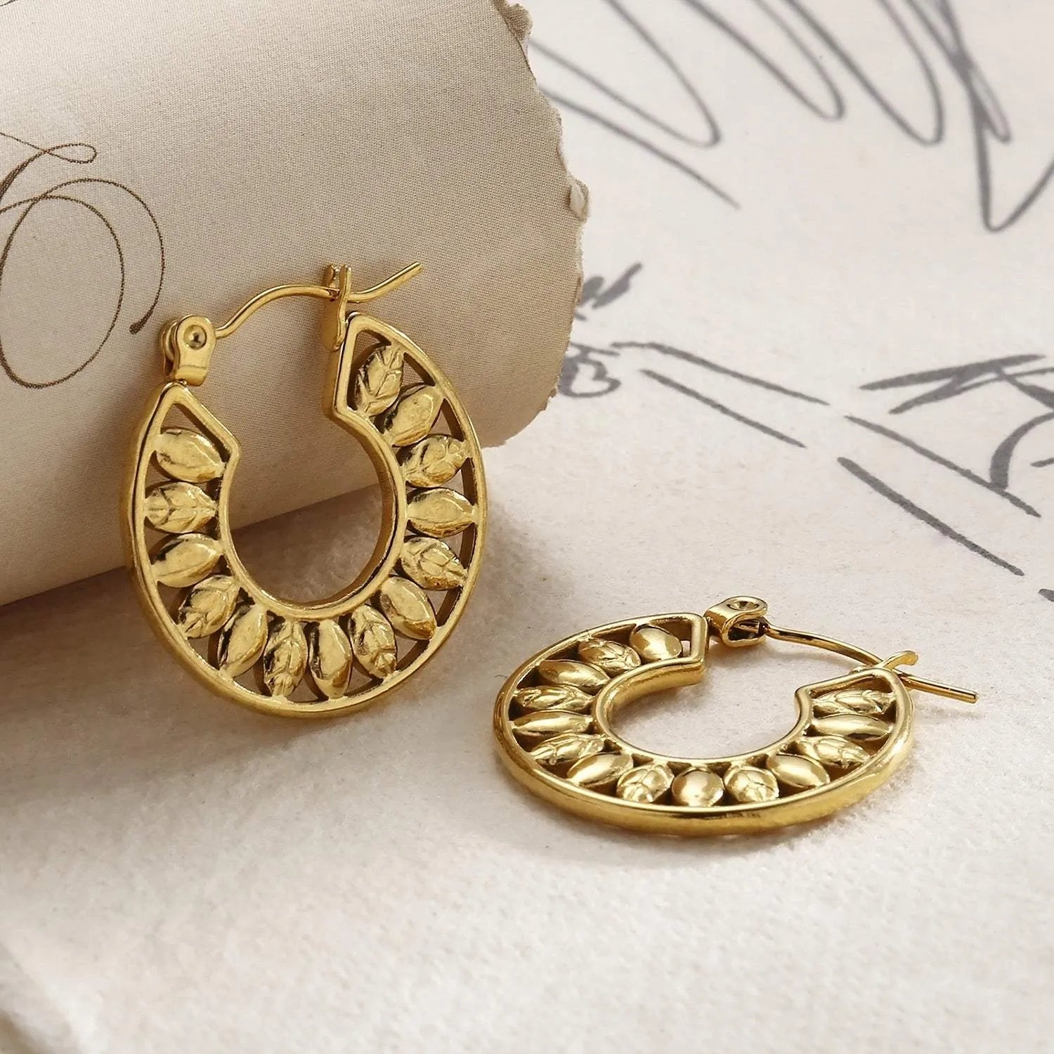 Stainless Steel Cutout Leaf Shape Huggie Earrings Gold One Size Earrings - Tophatter Daily Deals