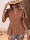 Ribbed Flutter Sleeve Notched Peplum Blouse Blouses - Tophatter Daily Deals