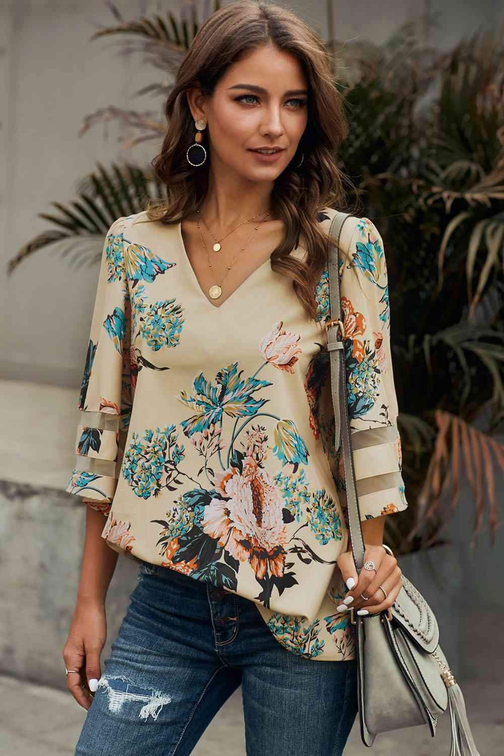 Printed Flare Sleeve Top Cream Blouses - Tophatter Daily Deals