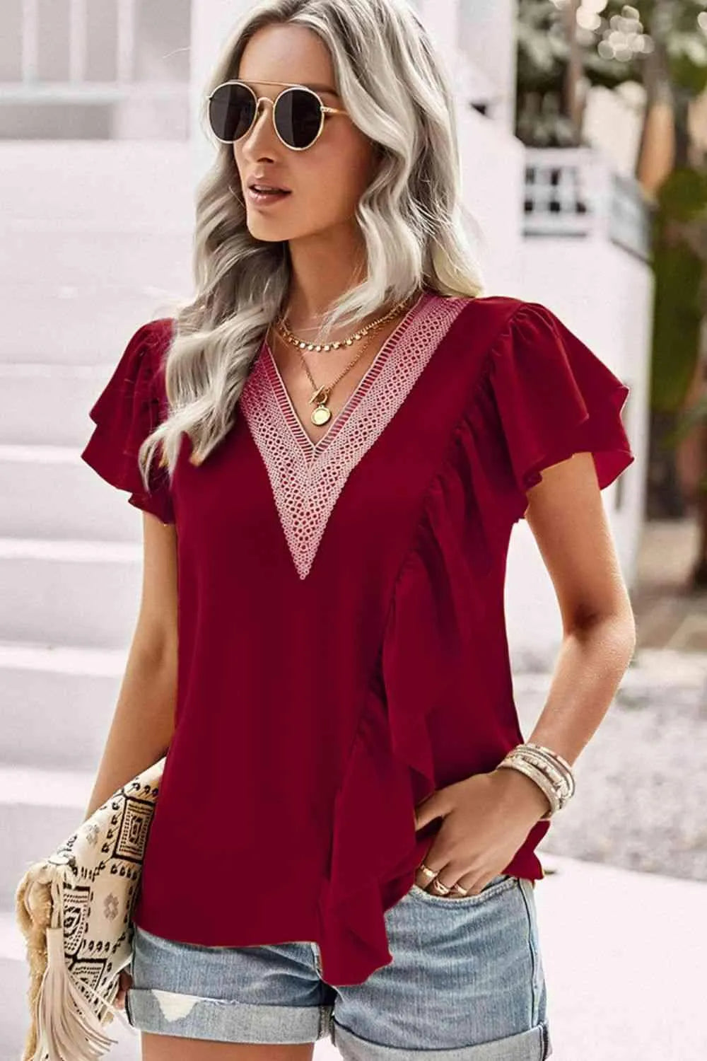 Contrast Ruffle Trim Flutter Sleeve Blouse Blouses - Tophatter Daily Deals