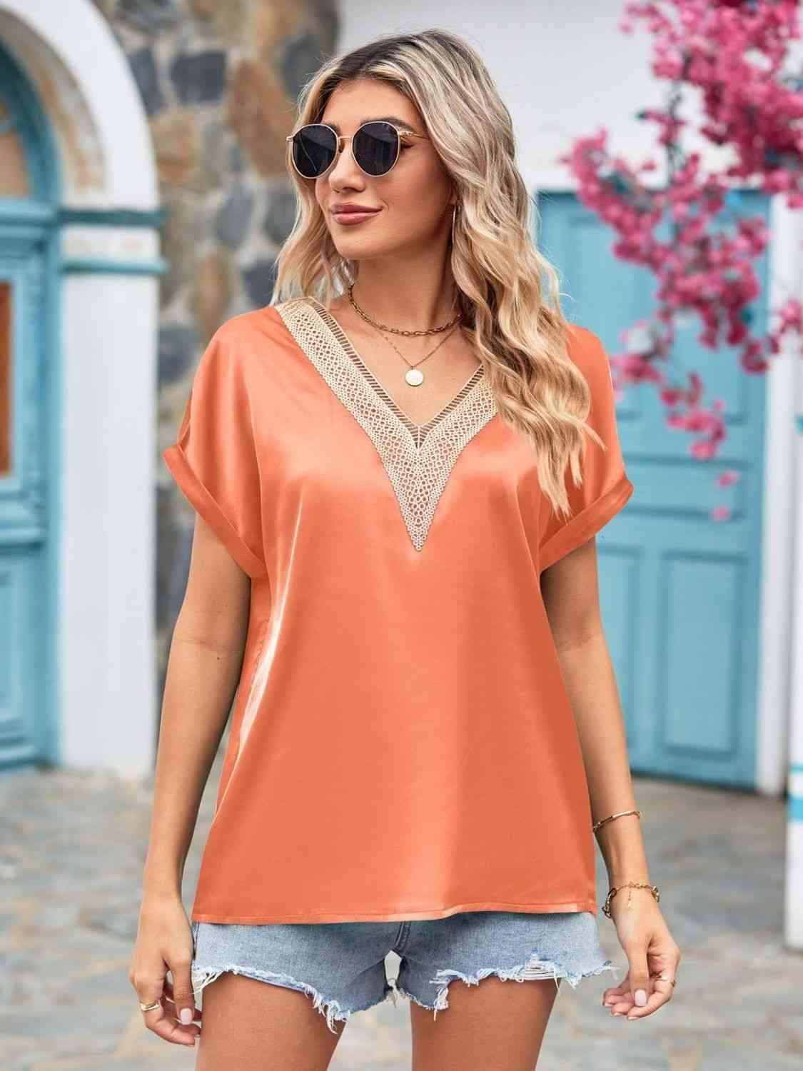 V-Neck Cuffed Blouse Sherbet Blouses - Tophatter Daily Deals