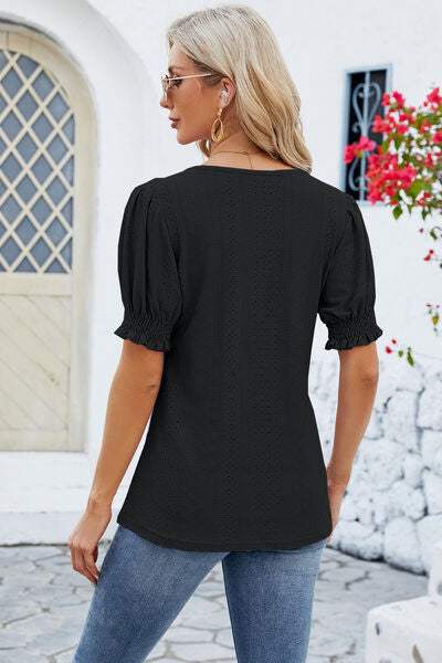 Eyelet Square Neck Short Sleeve T-Shirt Women's T-Shirts - Tophatter Daily Deals