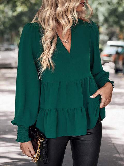 Notched Neck Lantern Sleeve Blouse Blouses - Tophatter Daily Deals