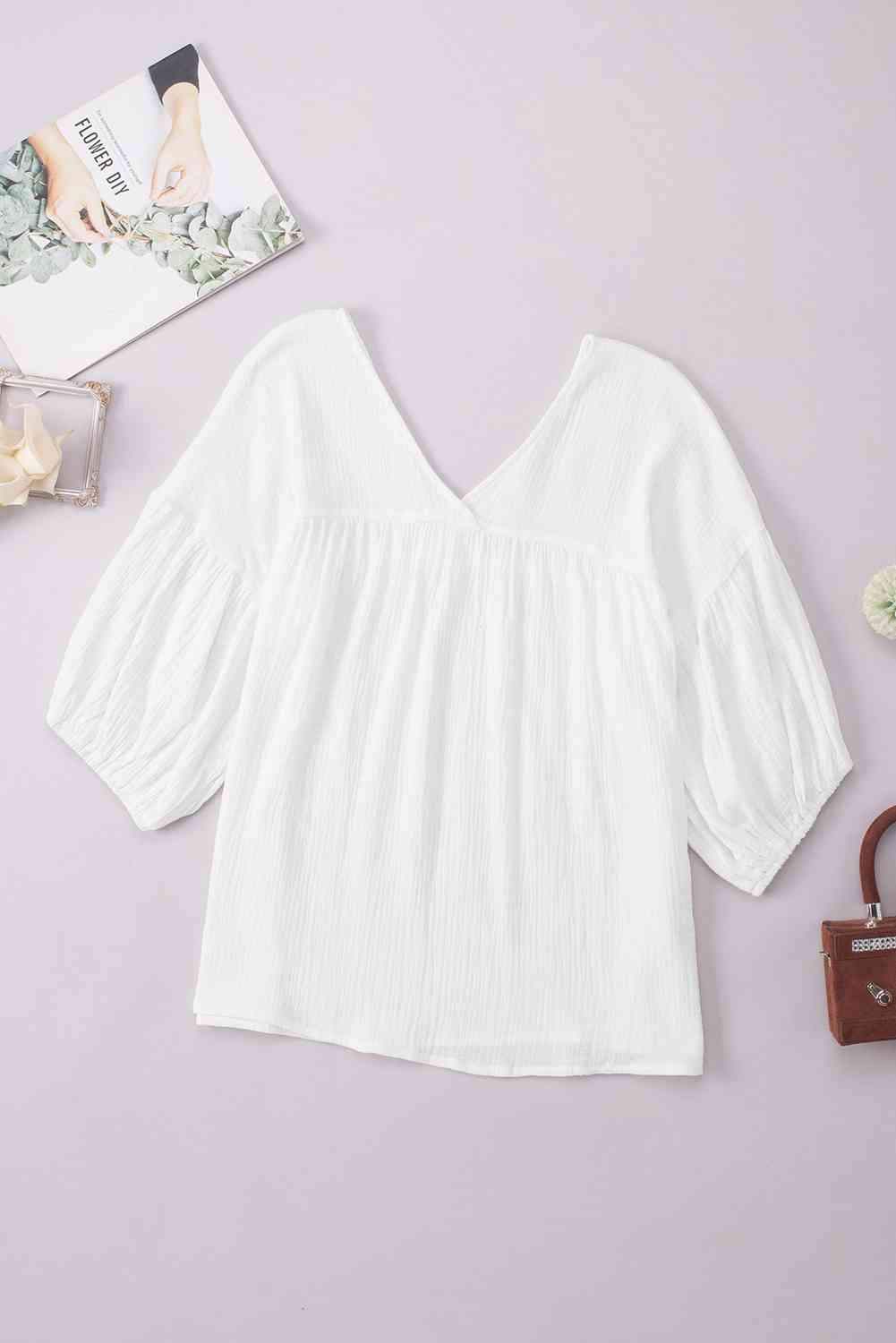 Dropped Shoulder V-Neck Blouse Blouses - Tophatter Daily Deals