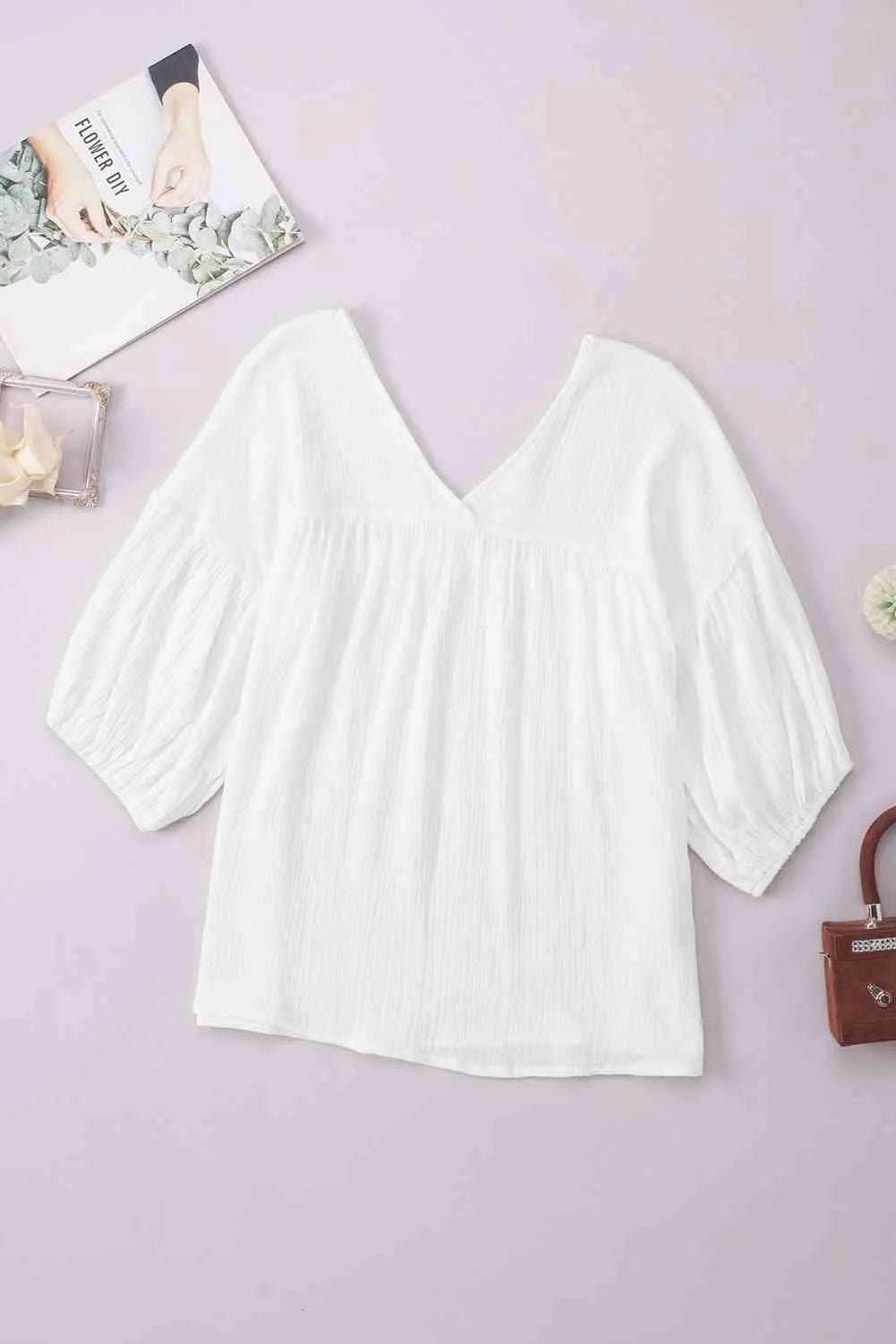 Dropped Shoulder V-Neck Blouse Blouses - Tophatter Daily Deals