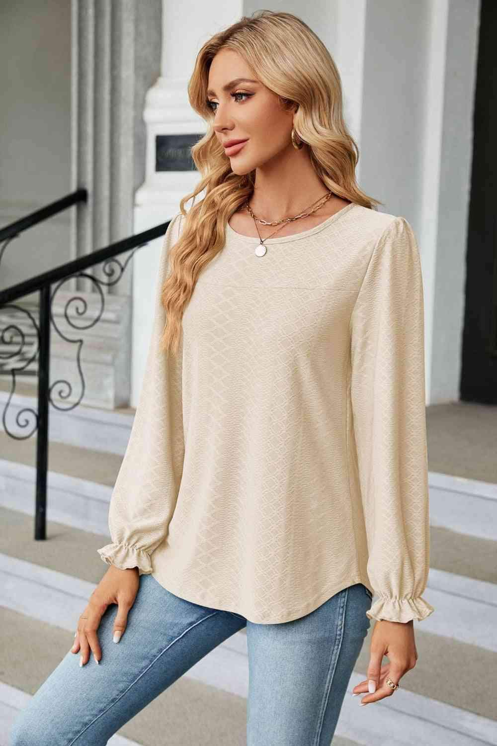 Round Neck Flounce Sleeve Blouse Blouses - Tophatter Daily Deals