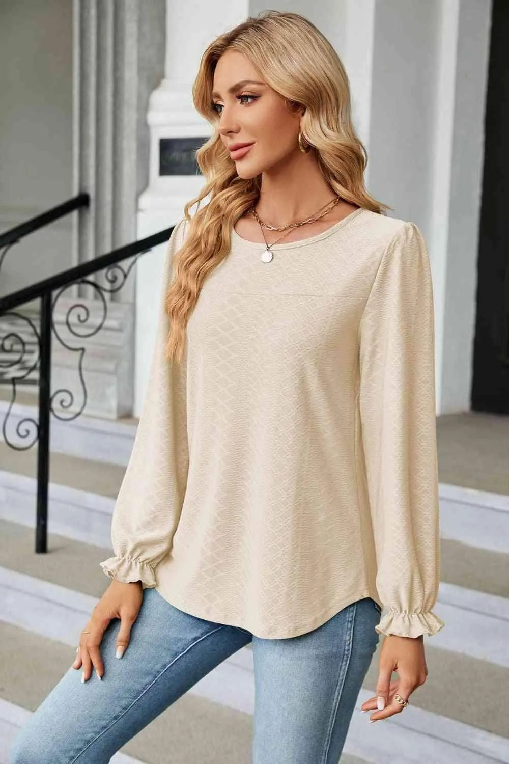 Round Neck Flounce Sleeve Blouse Blouses - Tophatter Daily Deals