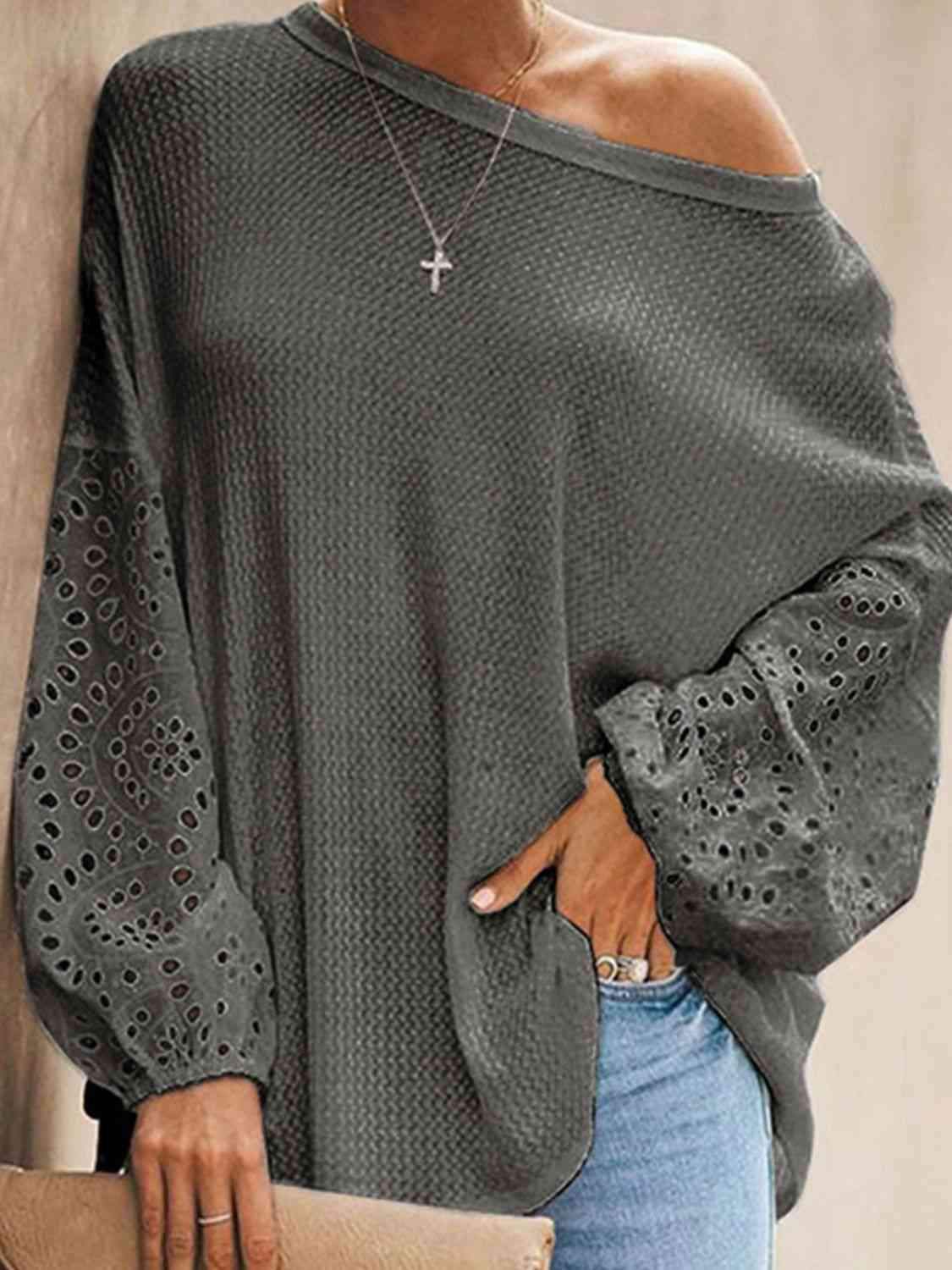 Openwork Dropped Shoulder Boat Neck Blouse Blouses - Tophatter Daily Deals