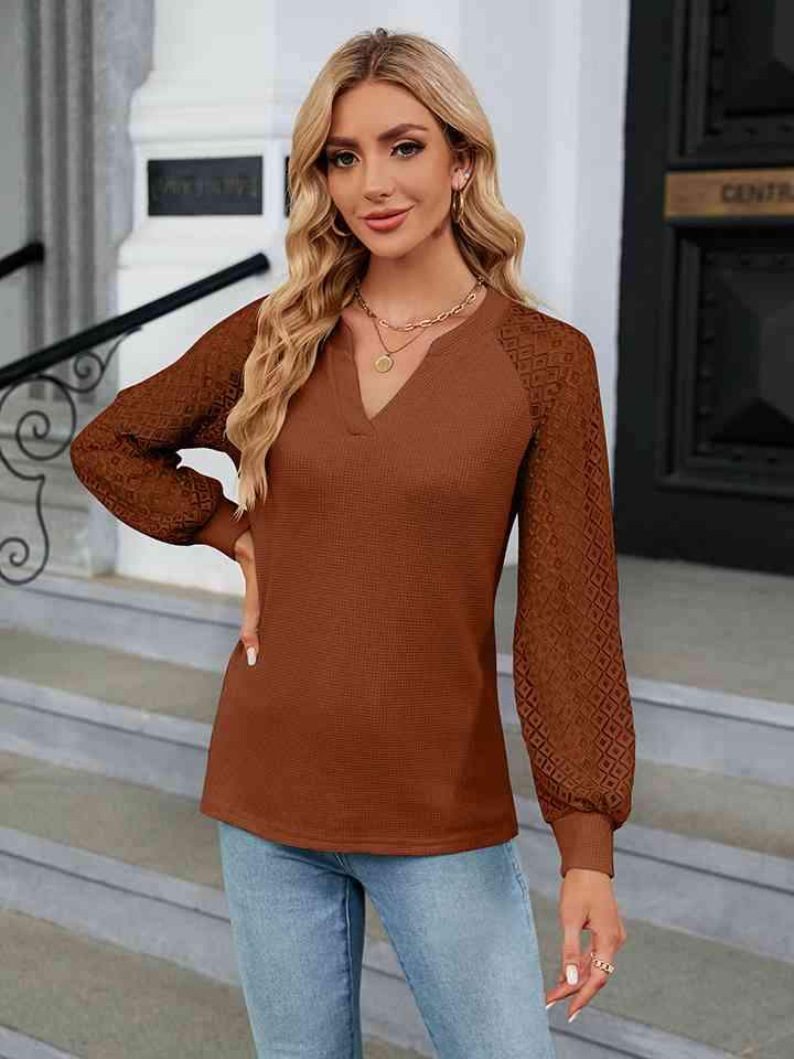 Notched Neck Long Sleeve Blouse Blouses - Tophatter Daily Deals