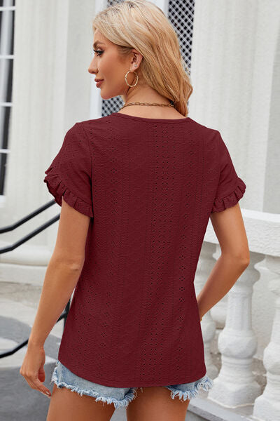 Eyelet Round Neck Petal Sleeve T-Shirt Women's T-Shirts - Tophatter Daily Deals