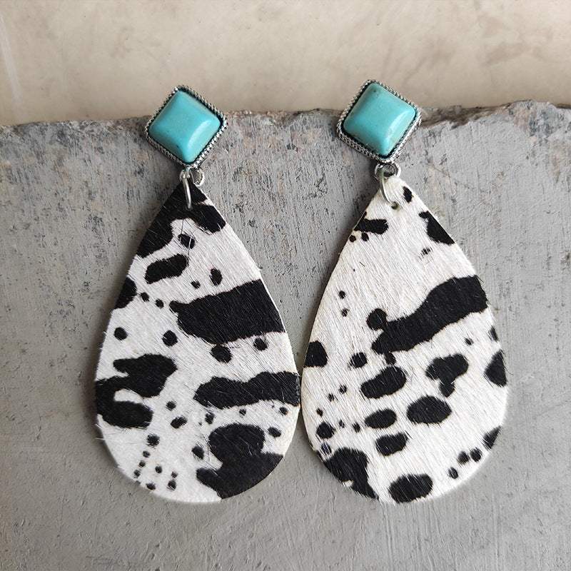 Artificial Turquoise Teardrop Earrings Cow Print One Size Earrings - Tophatter Daily Deals