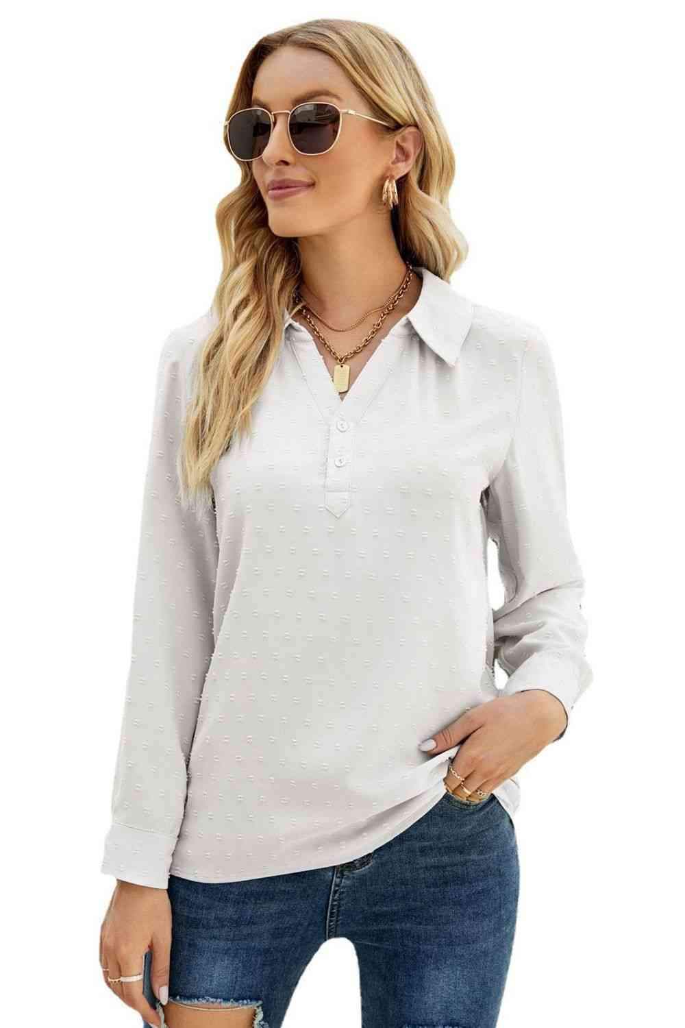 Swiss Dot Johnny Collar Blouse Blouses - Tophatter Daily Deals