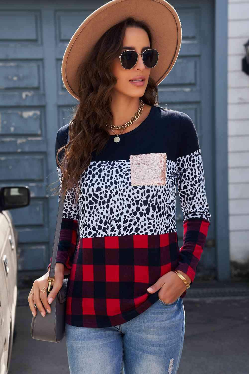 Leopard Color Block Long Sleeve T-Shirt Women's T-Shirts - Tophatter Daily Deals