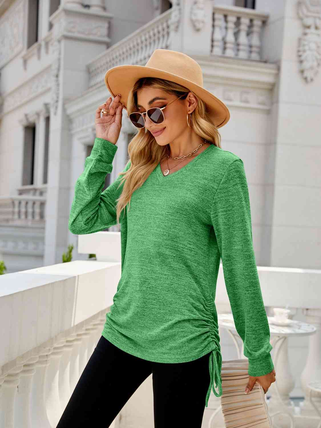 Drawstring V-Neck Long Sleeve T-Shirt Women's T-Shirts - Tophatter Daily Deals