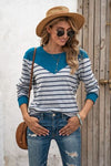 Striped Round Neck Long Sleeve T-Shirt Dusty Blue Women's T-Shirts - Tophatter Daily Deals