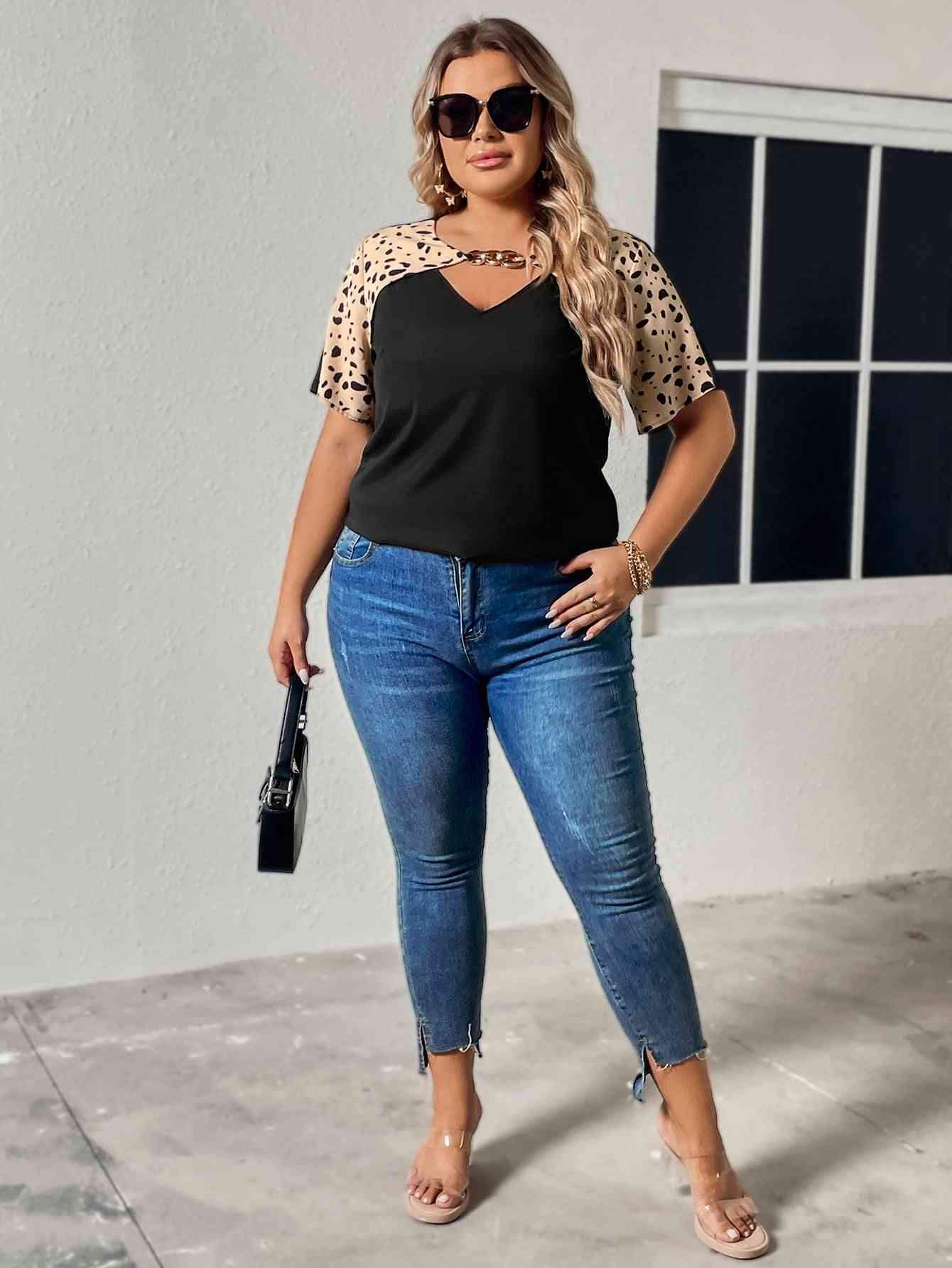 Plus Size Chain Detail V-Neck Raglan Sleeve Blouse Blouses - Tophatter Daily Deals